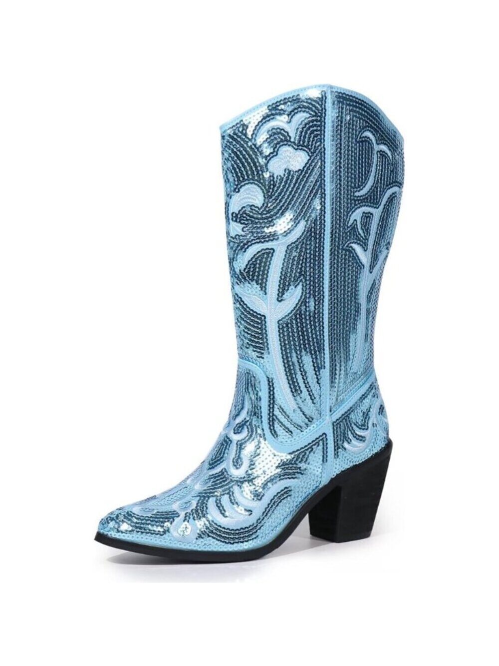 🆕Womens Blue Sequin Mid Calf Western Wide Calf High Fashion Pointed Toe Boots